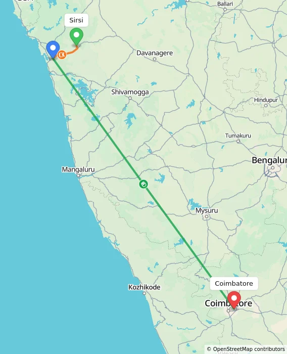 Route map showing distance and travel time from Sirsi, India to Coimbatore, India