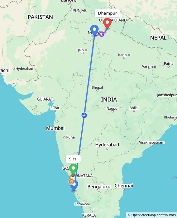 Route map showing distance and travel time from Sirsi, India to Dhampur, India