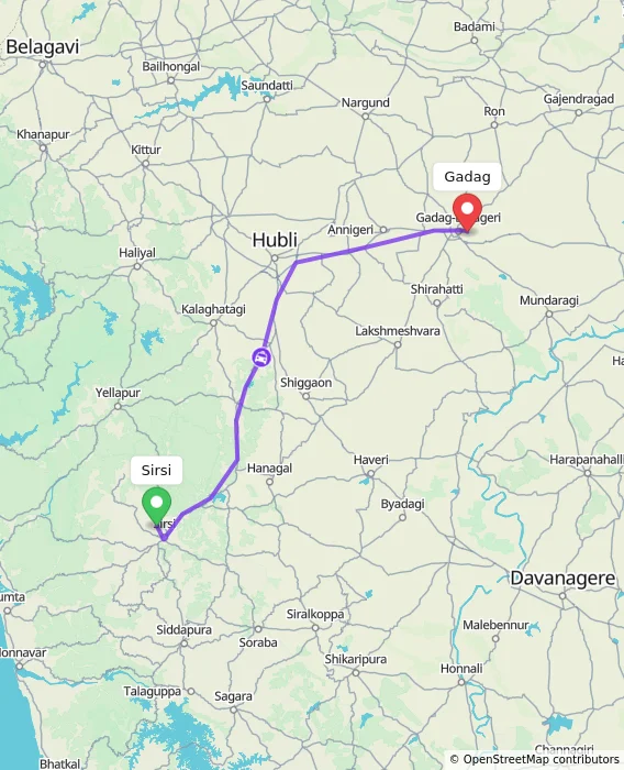 Route map showing distance and travel time from Sirsi, India to Gadag, India