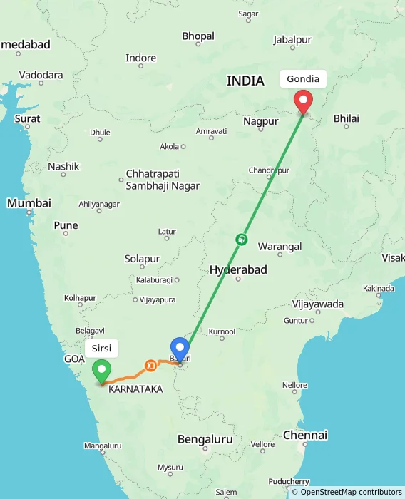 Route map showing distance and travel time from Sirsi, India to Gondia, India