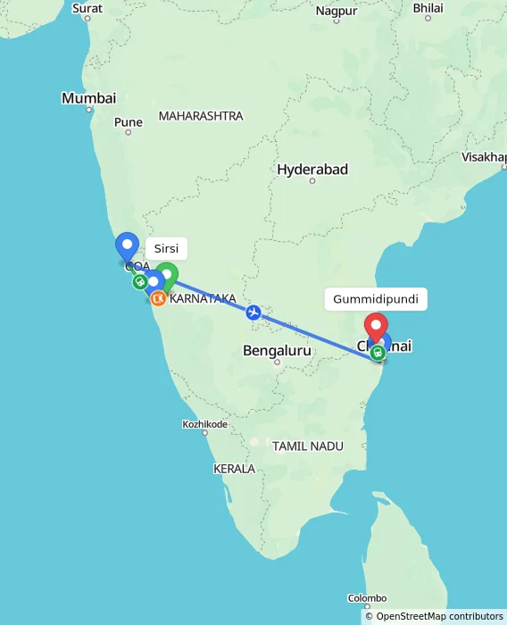 Route map showing distance and travel time from Sirsi, India to Gummidipundi, India