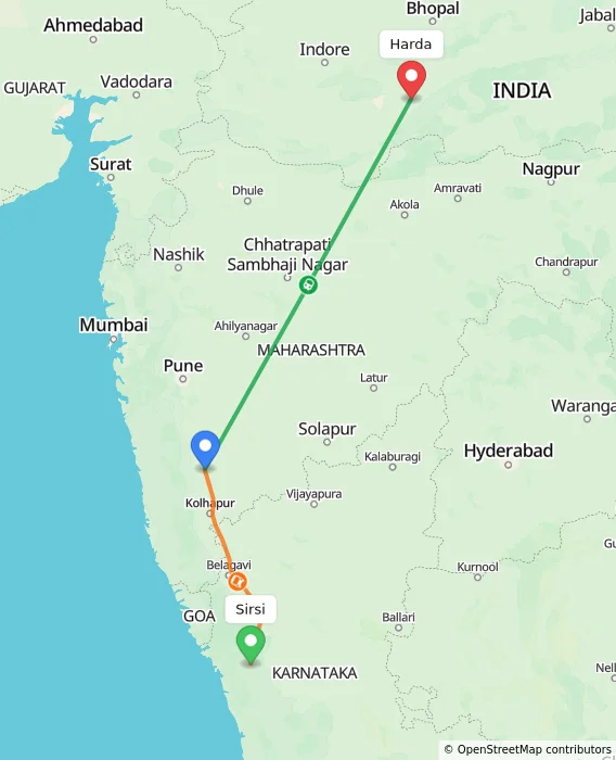 Route map showing distance and travel time from Sirsi, India to Harda, India