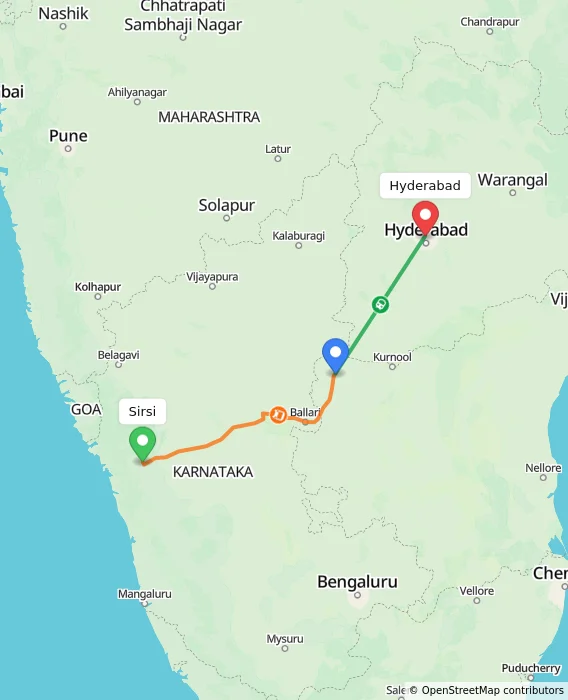 Route map showing distance and travel time from Sirsi, India to Hyderabad, India