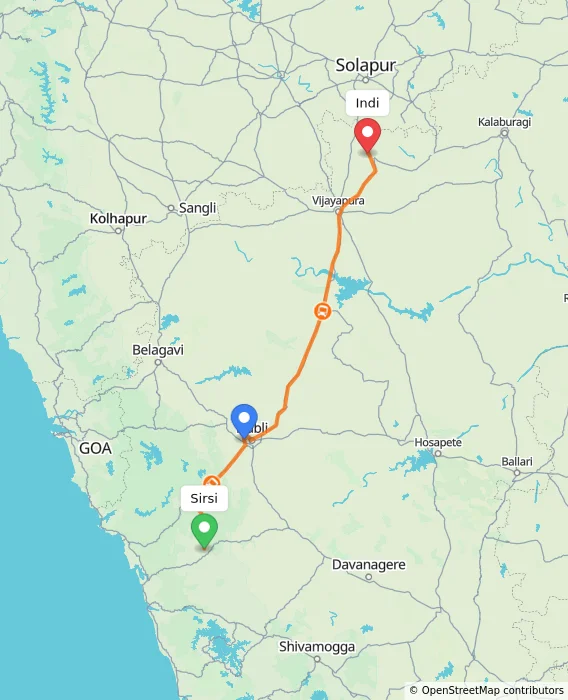 Route map showing distance and travel time from Sirsi, India to Indi, India