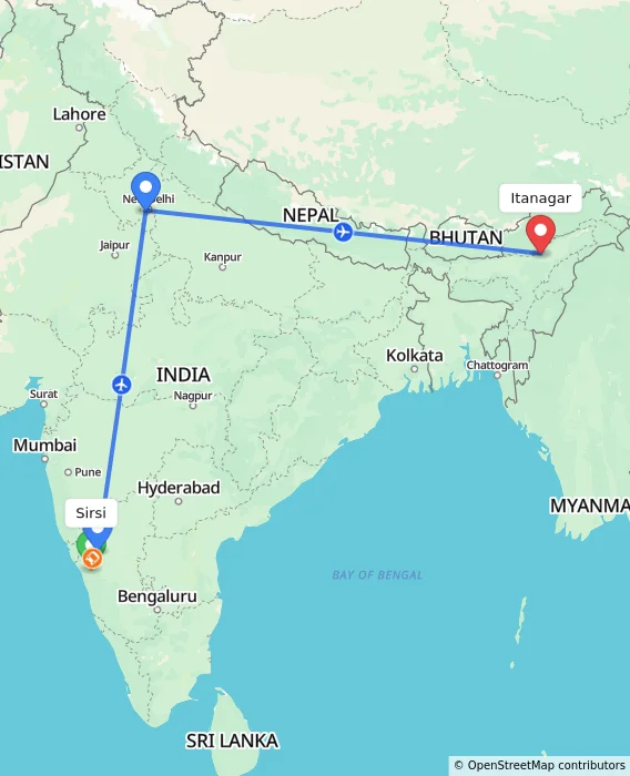 Route map showing distance and travel time from Sirsi, India to Itanagar, India