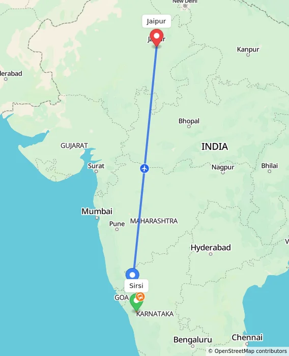 Route map showing distance and travel time from Sirsi, India to Jaipur, India