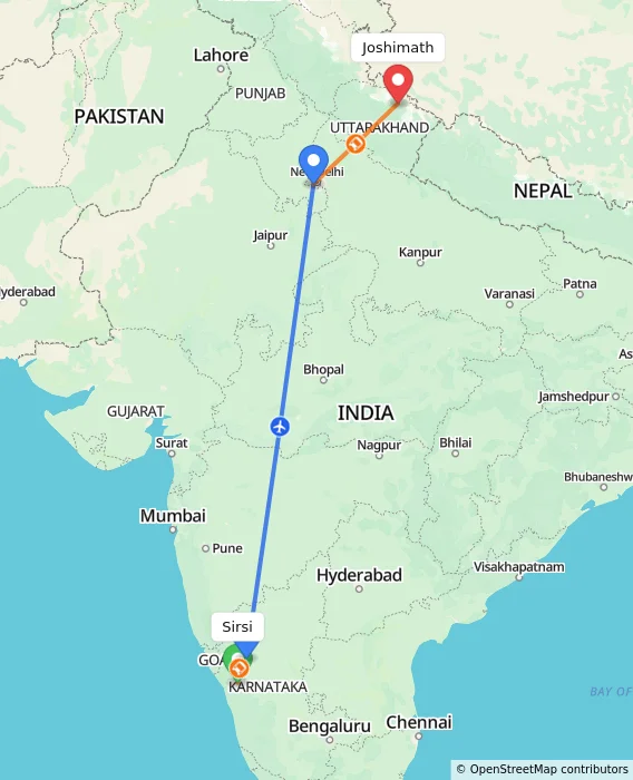 Route map showing distance and travel time from Sirsi, India to Joshimath, India