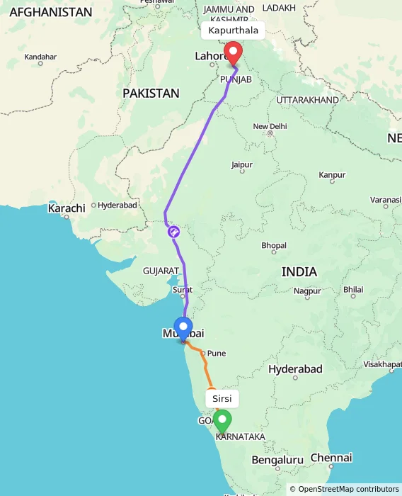 Route map showing distance and travel time from Sirsi, India to Kapurthala, India