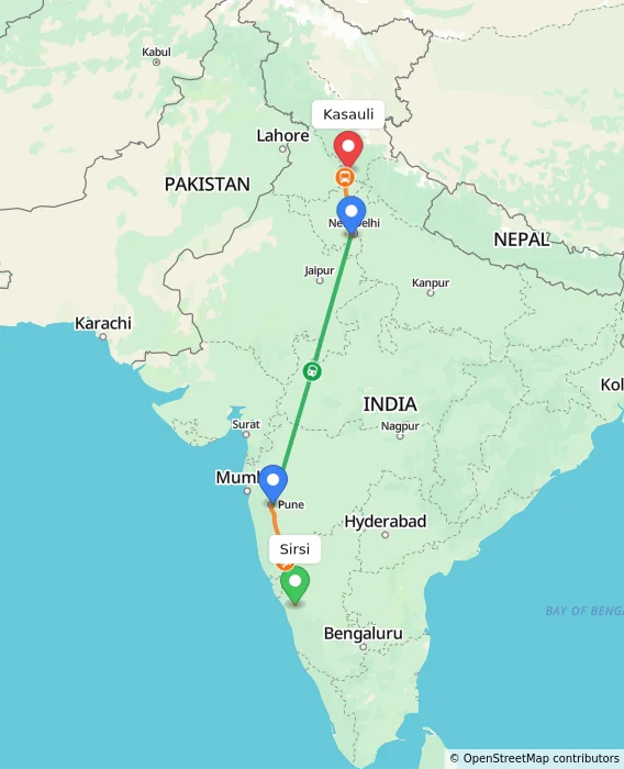 Route map showing distance and travel time from Sirsi, India to Kasauli, India
