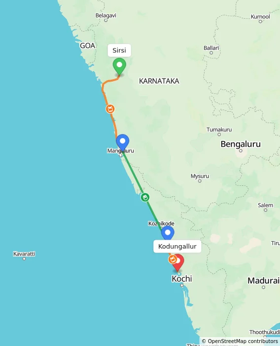Route map showing distance and travel time from Sirsi, India to Kodungallur, India