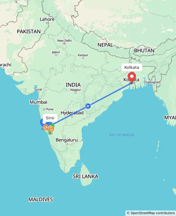 Route map showing distance and travel time from Sirsi, India to Kolkata, India