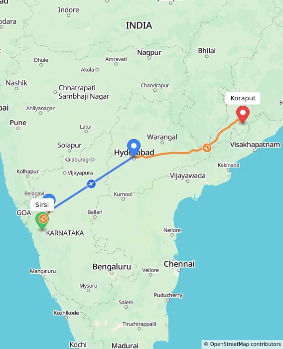 Route map showing distance and travel time from Sirsi, India to Koraput, India