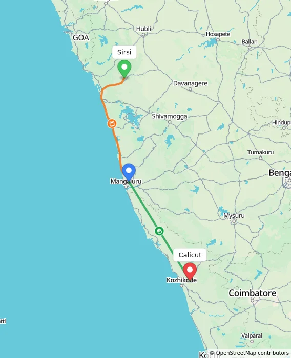 Route map showing distance and travel time from Sirsi, India to Kozhikode, India