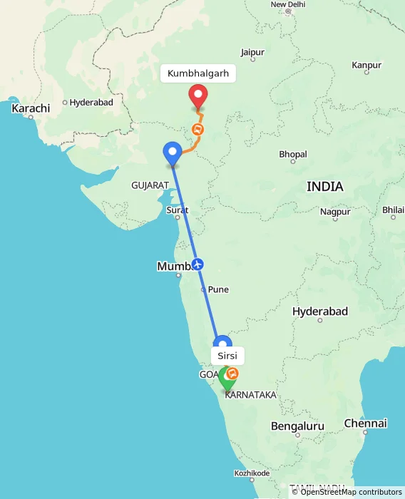 Route map showing distance and travel time from Sirsi, India to Kumbhalgarh, India