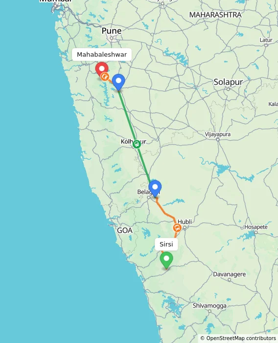 Route map showing distance and travel time from Sirsi, India to Mahabaleshwar, India