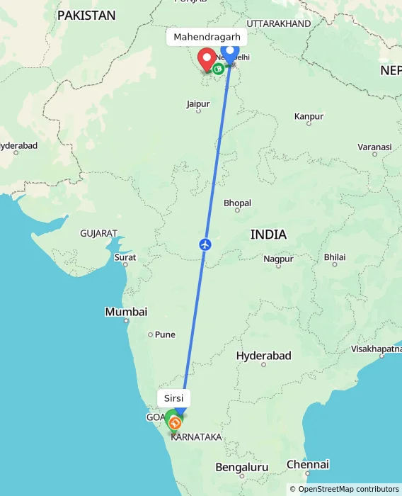 Route map showing distance and travel time from Sirsi, India to Mahendragarh, India