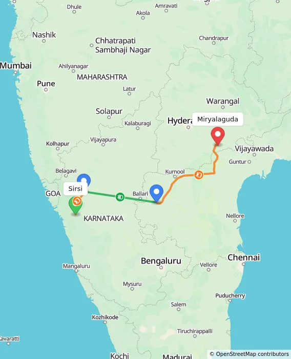 Route map showing distance and travel time from Sirsi, India to Miryalaguda, India