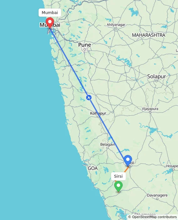 Route map showing distance and travel time from Sirsi, India to Mumbai, India