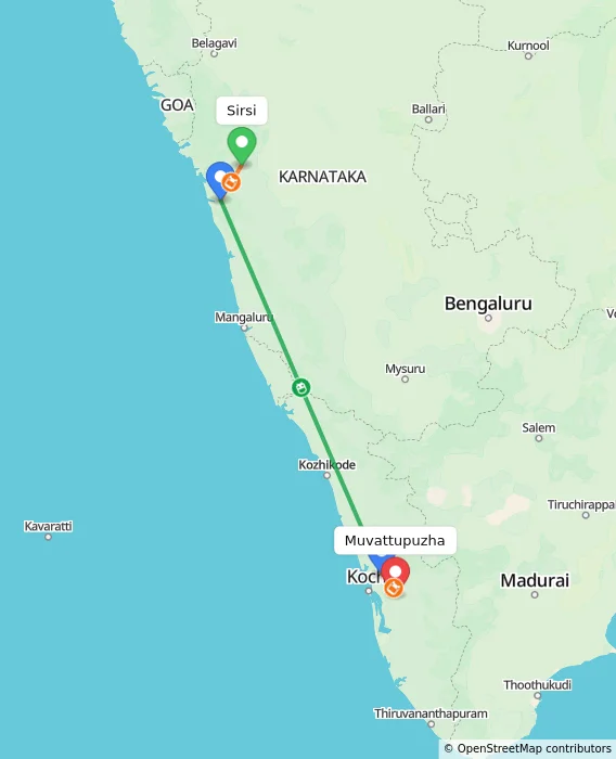 Route map showing distance and travel time from Sirsi, India to Muvattupuzha, India