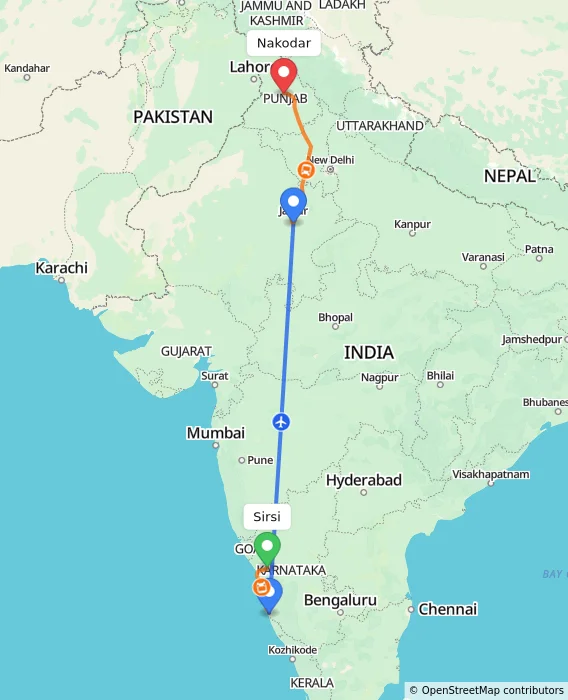 Route map showing distance and travel time from Sirsi, India to Nakodar, India