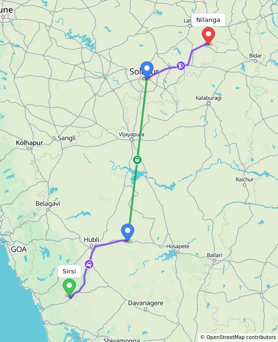 Route map showing distance and travel time from Sirsi, India to Nilanga, India