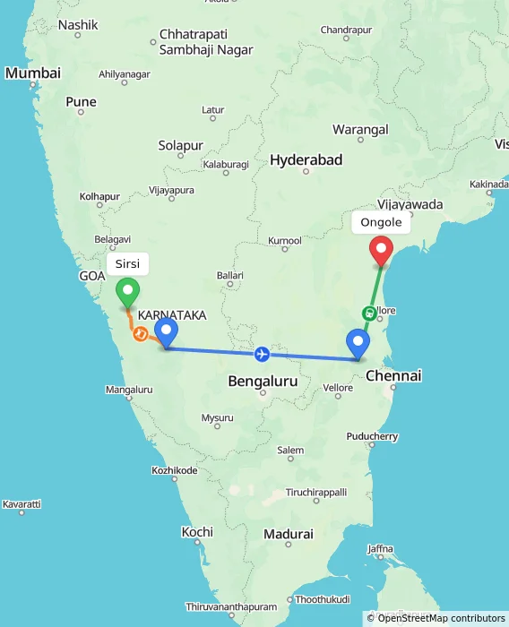 Route map showing distance and travel time from Sirsi, India to Ongole, India