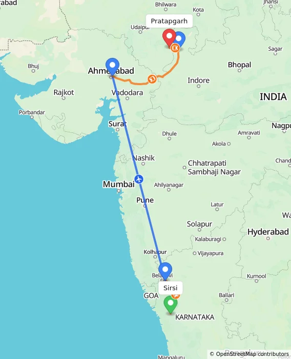 Route map showing distance and travel time from Sirsi, India to Pratapgarh, India