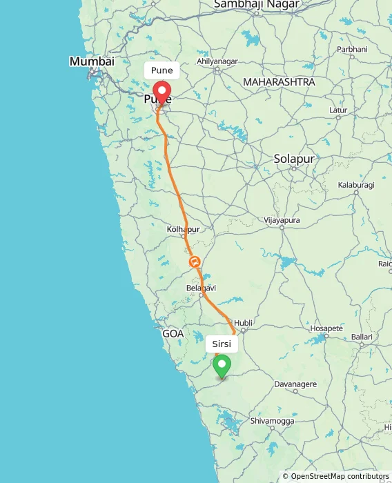 Route map showing distance and travel time from Sirsi, India to Pune, India