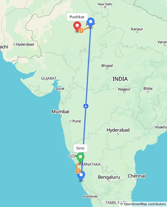 Route map showing distance and travel time from Sirsi, India to Pushkar, India