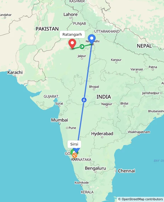 Route map showing distance and travel time from Sirsi, India to Ratangarh, India