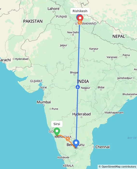 Route map showing distance and travel time from Sirsi, India to Rishikesh, India