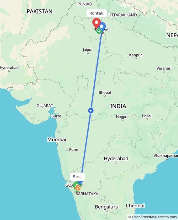 Route map showing distance and travel time from Sirsi, India to Rohtak, India