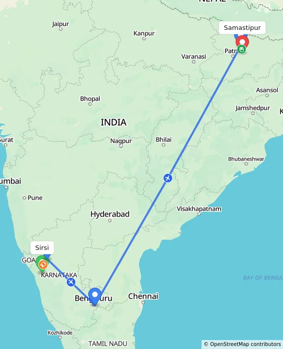 Route map showing distance and travel time from Sirsi, India to Samastipur, India