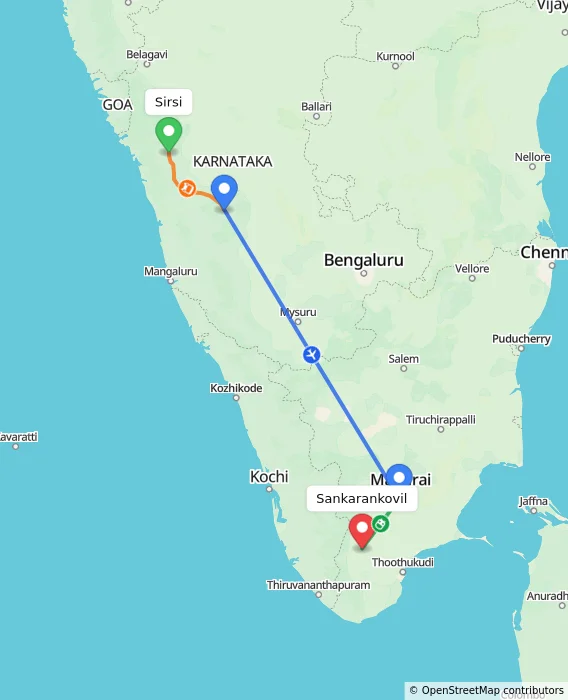 Route map showing distance and travel time from Sirsi, India to Sankarankovil, India
