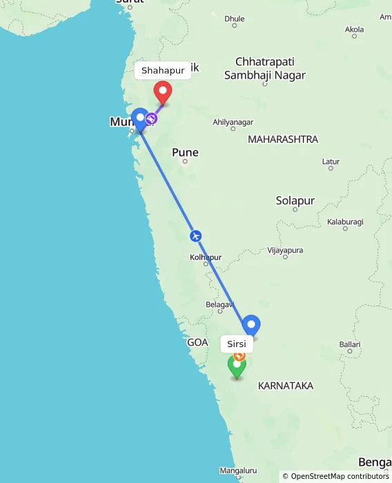 Route map showing distance and travel time from Sirsi, India to Shahapur, India