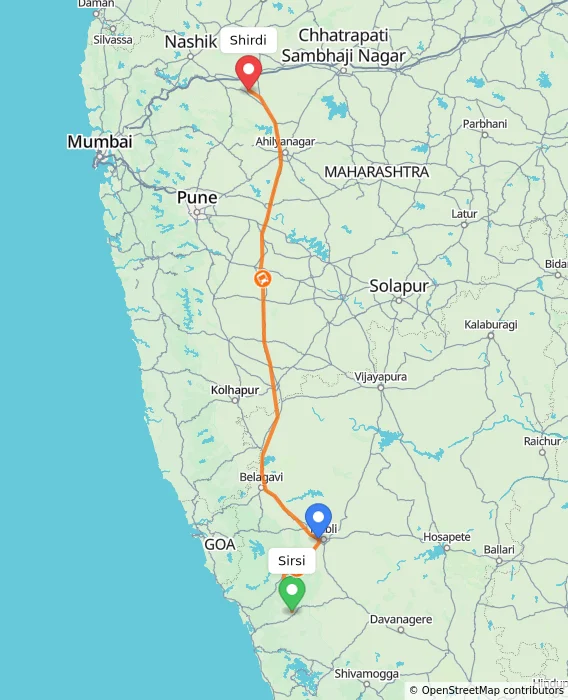 Route map showing distance and travel time from Sirsi, India to Shirdi, India
