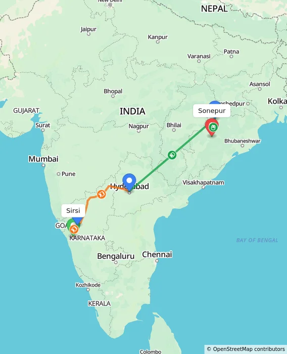 Route map showing distance and travel time from Sirsi, India to Sonepur, India