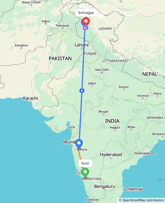Route map showing distance and travel time from Sirsi, India to Srinagar, India
