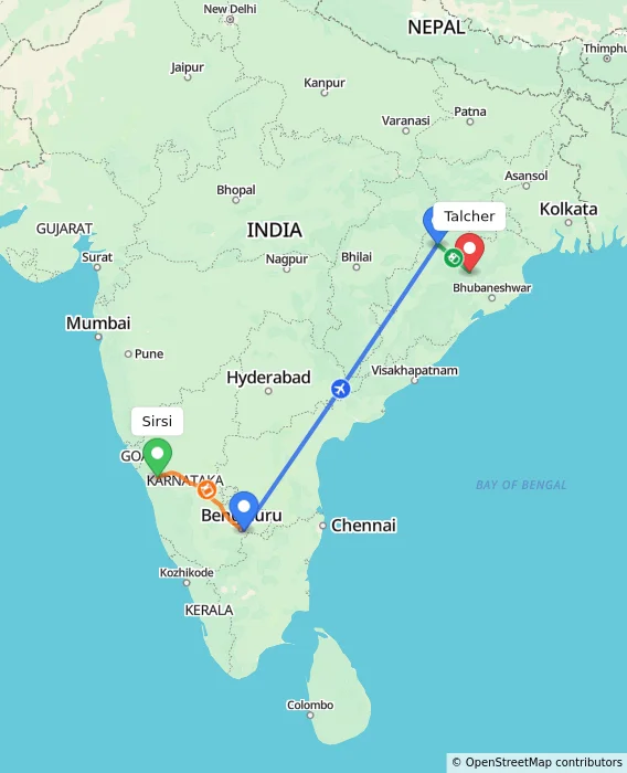 Route map showing distance and travel time from Sirsi, India to Talcher, India