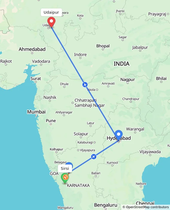 Route map showing distance and travel time from Sirsi, India to Udaipur, India