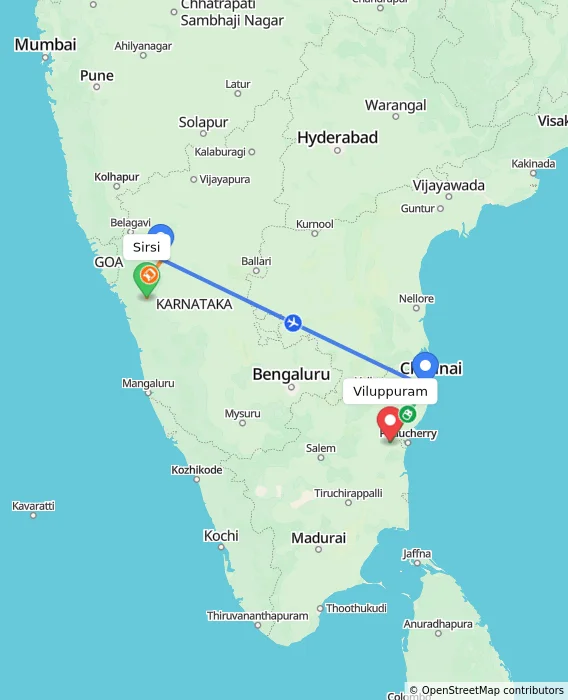 Route map showing distance and travel time from Sirsi, India to Viluppuram, India