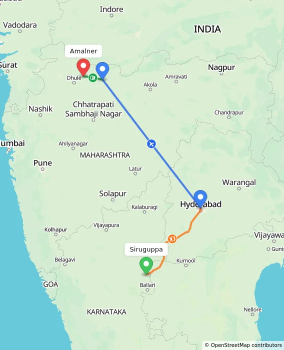 Route map showing distance and travel time from Siruguppa, India to Amalner, India