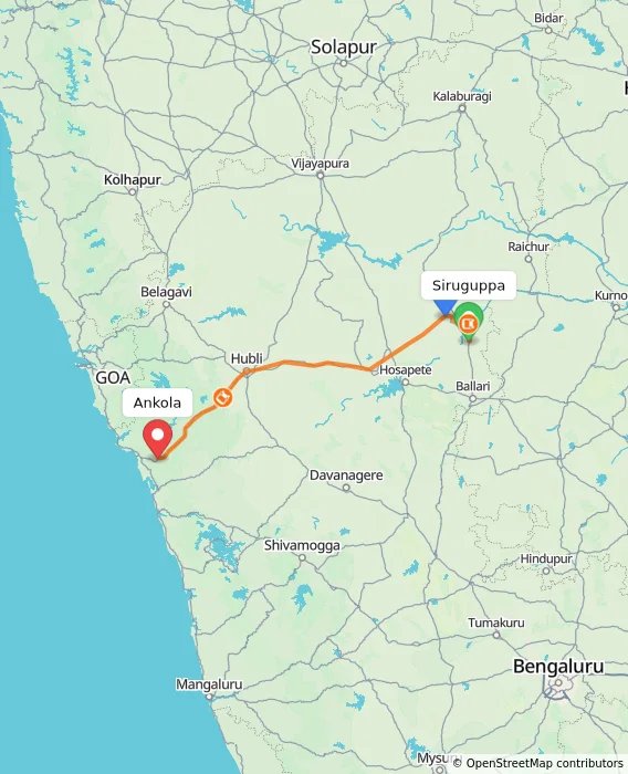 Route map showing distance and travel time from Siruguppa, India to Ankola, India