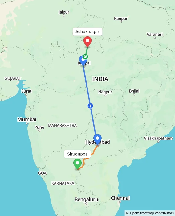 Route map showing distance and travel time from Siruguppa, India to Ashoknagar, India