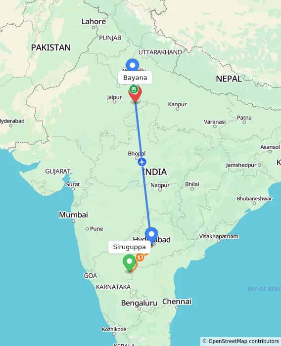 Route map showing distance and travel time from Siruguppa, India to Bayana, India