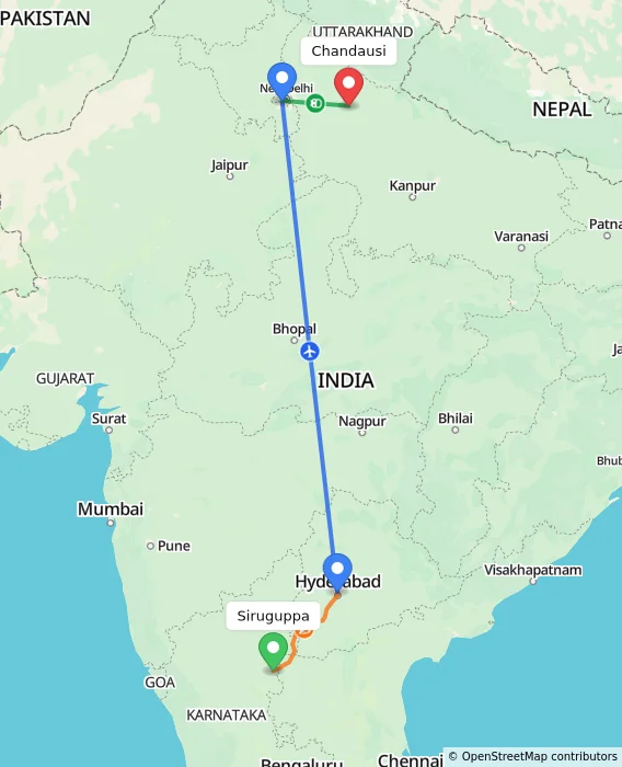 Route map showing distance and travel time from Siruguppa, India to Chandausi, India