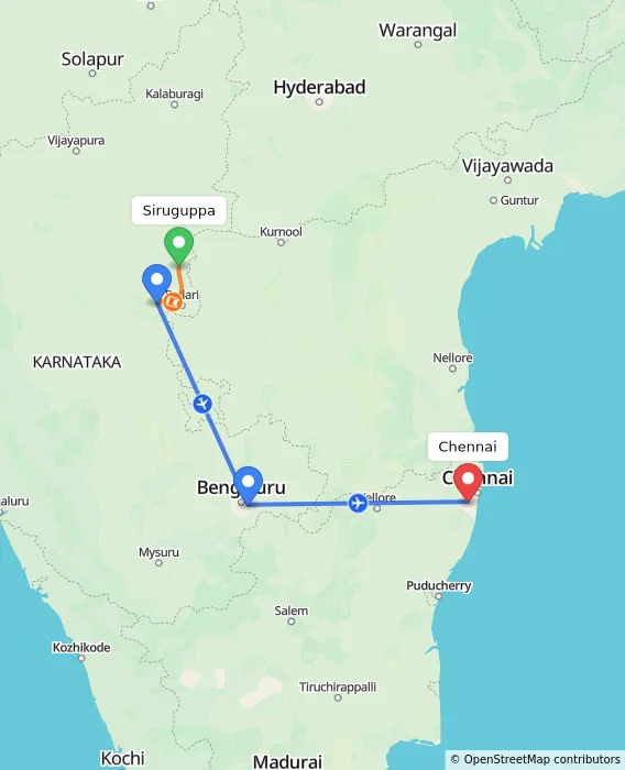 Route map showing distance and travel time from Siruguppa, India to Chennai, India