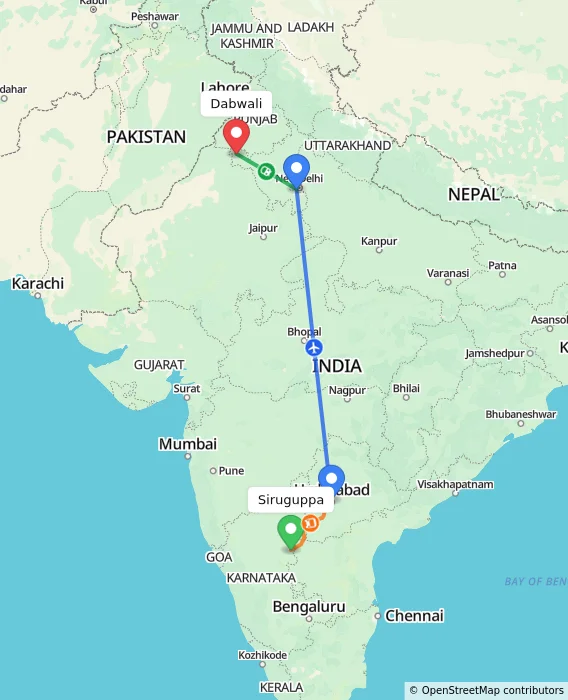 Route map showing distance and travel time from Siruguppa, India to Dabwali, India