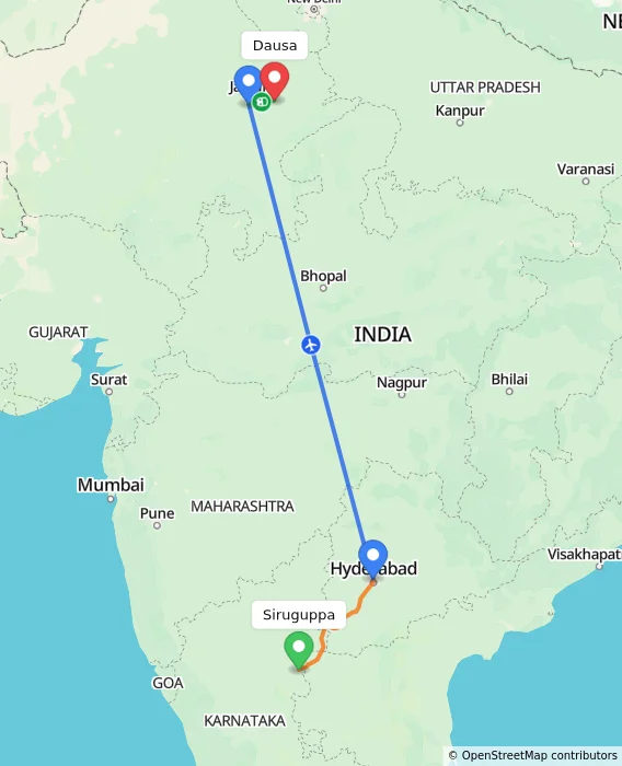 Route map showing distance and travel time from Siruguppa, India to Dausa, India