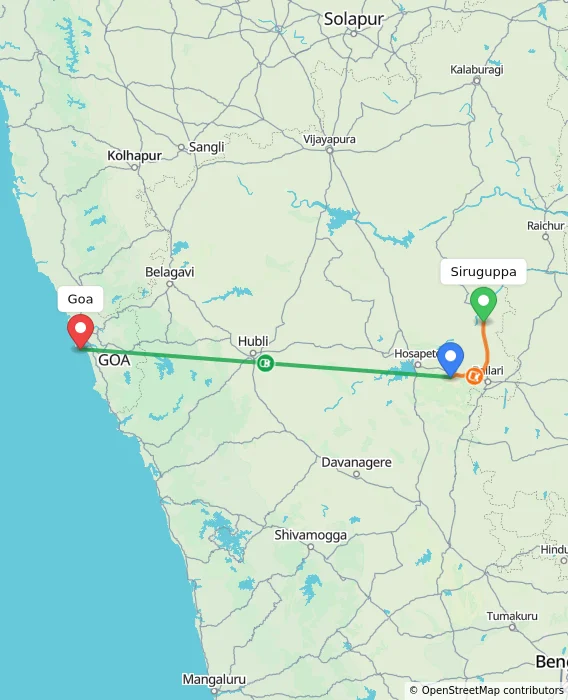 Route map showing distance and travel time from Siruguppa, India to Goa, India
